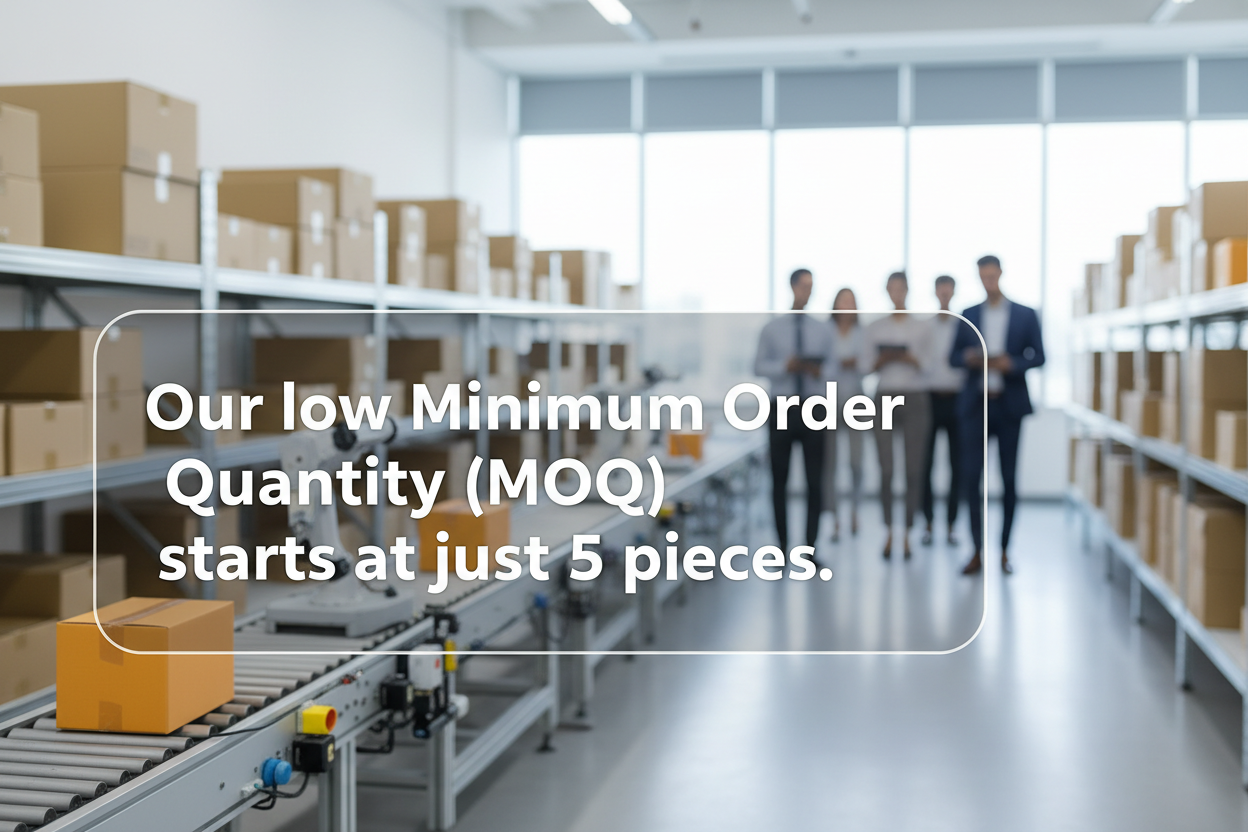 Create an image in a realistic style that reads: "Our low Minimum Order Quantity (MO0) stats at just 5 pieces."