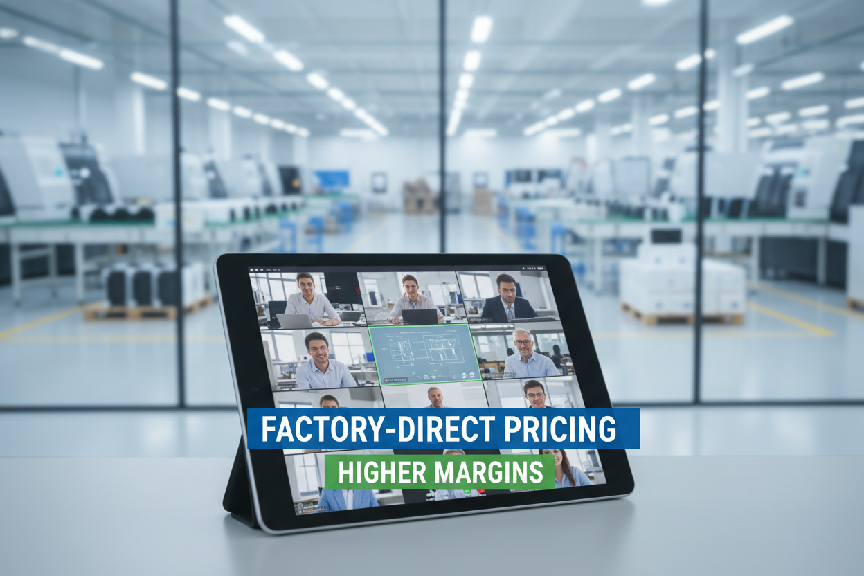 Create an image using a realistic style, with the content: Factory-Direct Pricing, Higher Margins, highlighting that real-time communication and collaboration will be conducted during the production and design process using online communication tools such as Zoom.